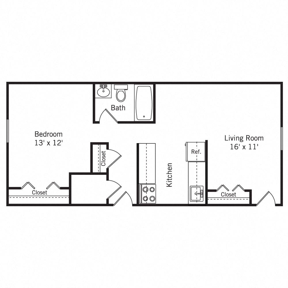 Floor plan for 1 bed, 1 bath, 650 sqft